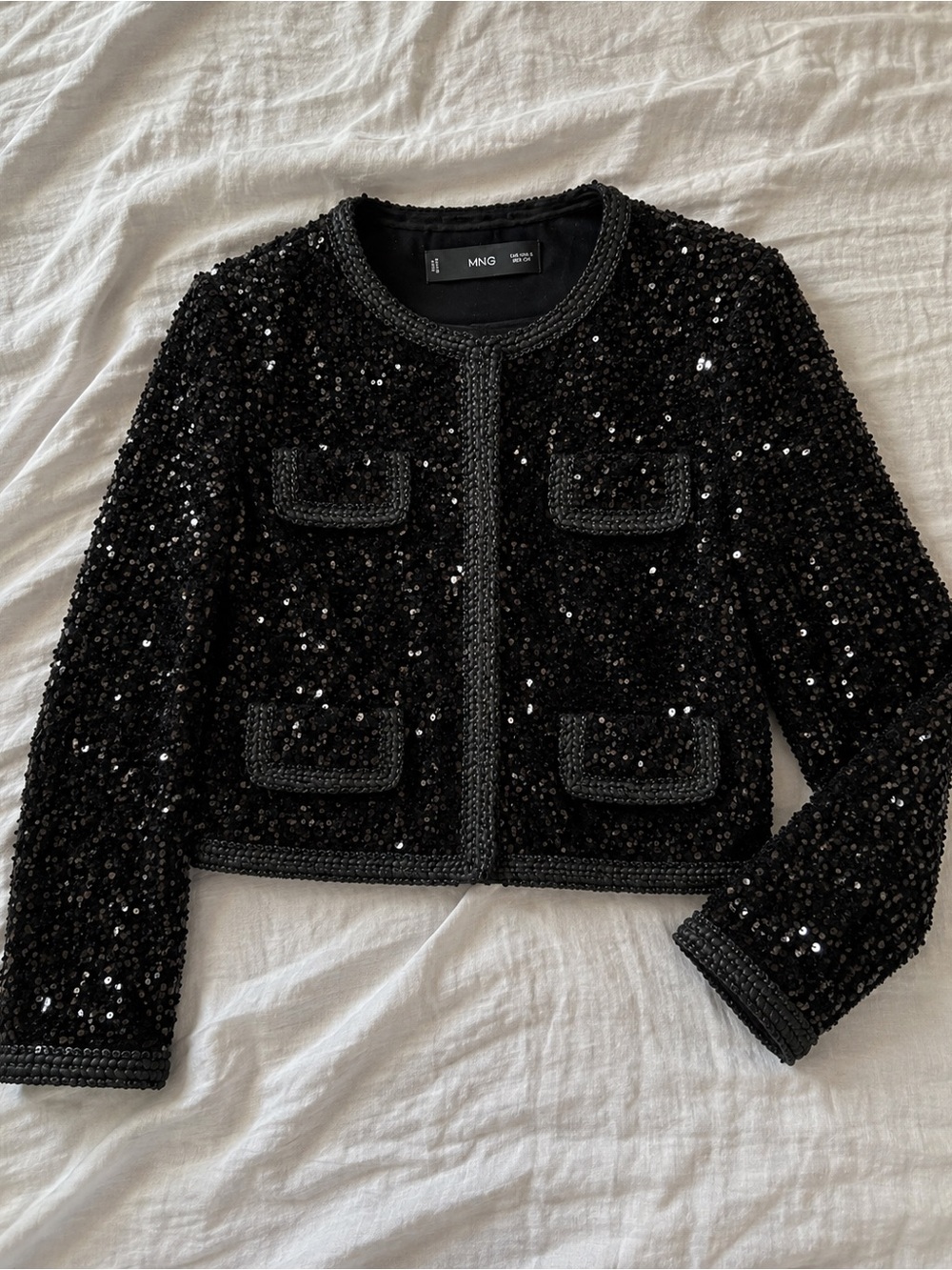 Mango Black Sequin Boxy Cropped Blazer